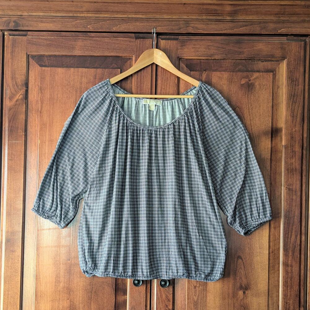 Michael Kors Black White Plaid Houndstooth Smocked Hem Blouse Size 1X